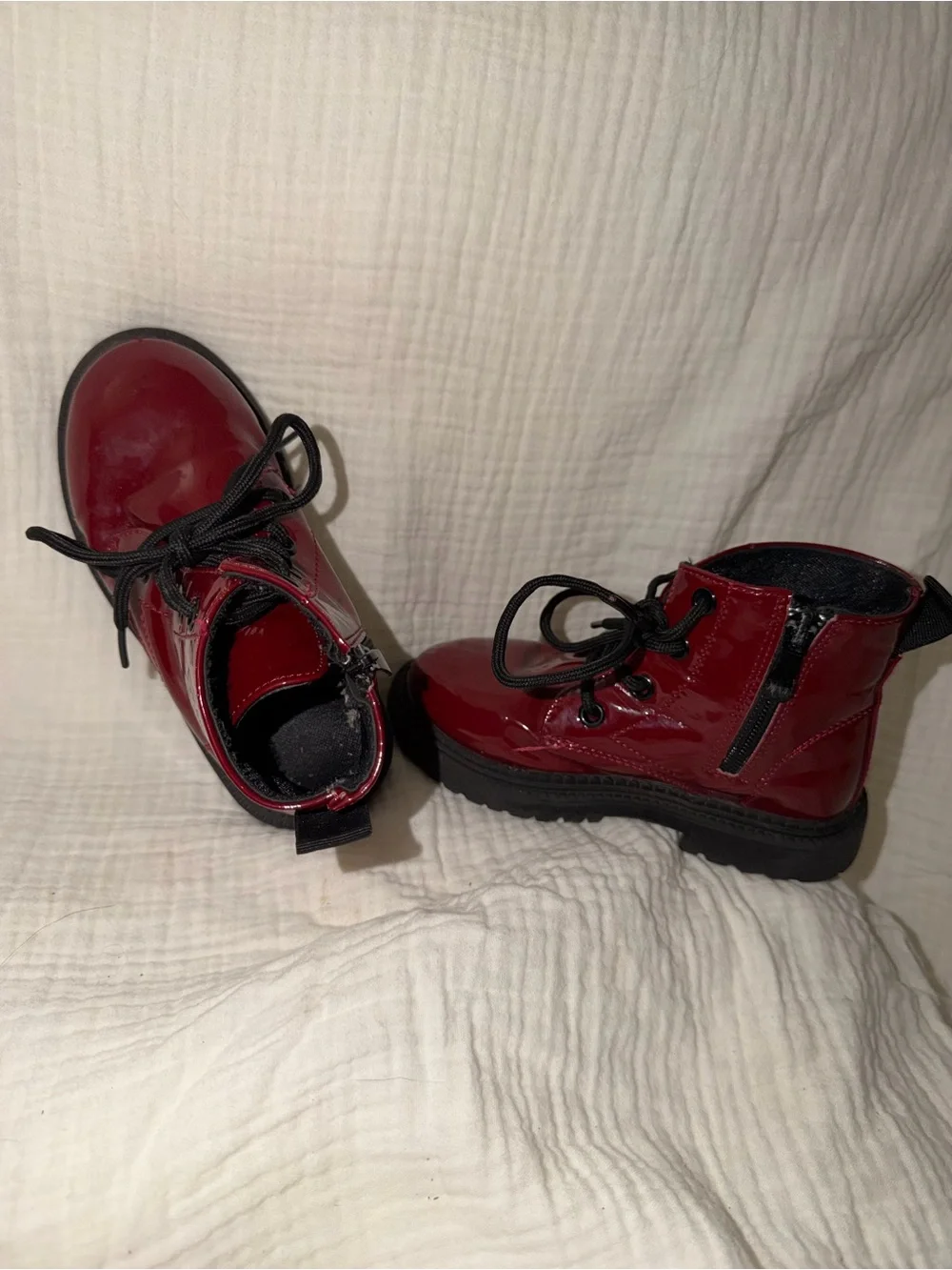 Children's Glossy Red Lace-Up Platform Boots